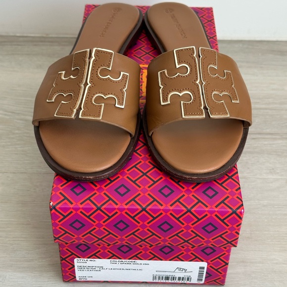 Tory Burch Shoes - Tory Burch Ines Tan calf leather Slide Sandals with metallic accent